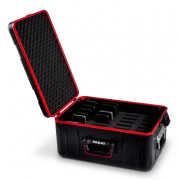 Offene PARAT Case Mobile ACTIVE Tragetasche mit Platz für 28 Smartphones, sichtbar mit stoßdämpfender Innenseite.