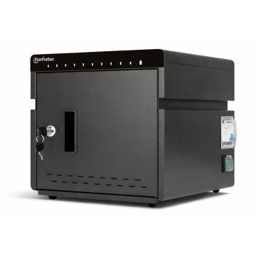 Seitenansicht des Manhattan USB-C-Ladeschranks mit Schlüssel- und RFID-Schlossdetail.
