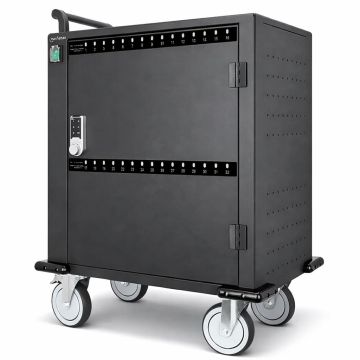 Seitenansicht des Manhattan USB-C-Ladewagens mit digitalem Codeschloss, mit sichtbaren Rädern und Staufächern für 32 Geräte.