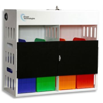 Seitenansicht des Power Technologies AC-GO-16 Ladeschranks mit geschlossenen Fächern und bunten Körben für 16 Geräte.