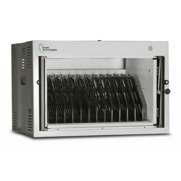 Seitenansicht des Power Technologies AC-MINI Ladeschranks mit offenen Fächern für 12 Laptops.