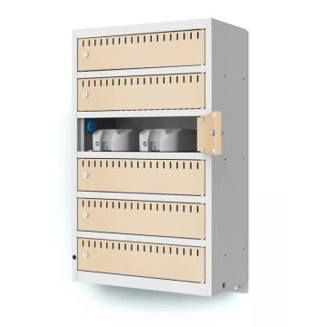 Seitenansicht des Lockeel Wandladeschranks mit offenen Fächern und sichtbaren Ladestationen.