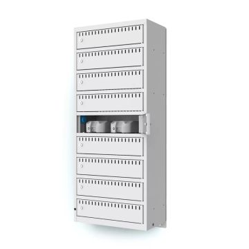 Seitenansicht des Lockeel Wandladeschranks mit 9 Fächern, mit einigen offenen Fächern und sichtbaren Ladeöffnungen.