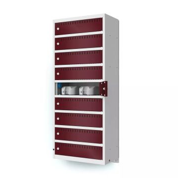 Seitenansicht des Lockeel Wandladeschranks mit 9 Fächern, mit geschlossenen Schlüsselschlössern und einer stabilen Wandbefestigung.