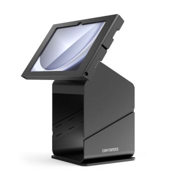 Seitenansicht des Compulocks Tablet-Druckerkiosks mit einem Samsung Galaxy Tab A9+ im Hochformat.