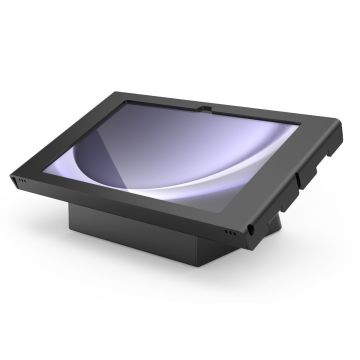 Seitenansicht des Compulocks AV Capsule Apex Tischständers für Samsung Galaxy Tab A11+, schwarz, mit angewinkeltem Tablet.