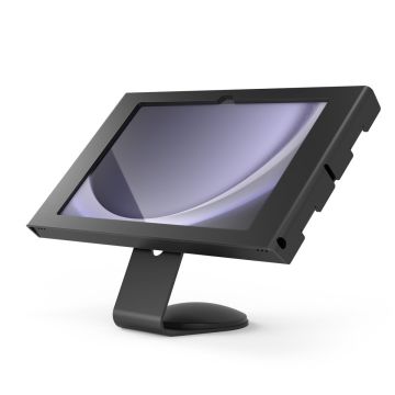 Seitenansicht der Compulocks Core Apex Tischhalterung für Samsung Galaxy Tab A11+ in Schwarz, mit stabiler Basis und abgewinkeltem Tablet.