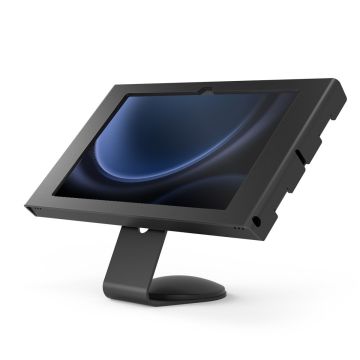 Seitenansicht der Compulocks Core Apex Tischhalterung für Samsung Galaxy Tab S10 Lite in Schwarz, mit stabilem Standfuß.