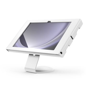 Seitenansicht der Compulocks Core Apex Tischhalterung für das Samsung Galaxy Tab A9+, mit modernem, weißem Finish.