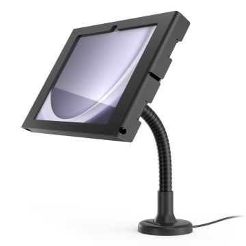 Seitenansicht der Compulocks Flex Apex Tischhalterung für Samsung Galaxy Tab A11+, mit flexiblem Arm und schwarzem Design.