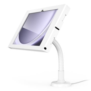 Seitenansicht der Compulocks Flex Apex Tischhalterung für Samsung Galaxy Tab A9+, mit flexiblem Arm und weißem Design.