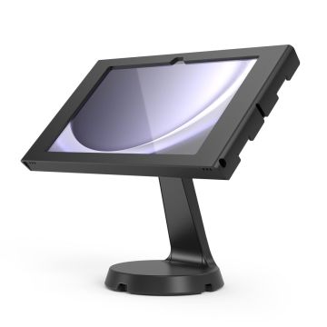 Seitenansicht des schwarzen Compulocks Mast Apex Tischständers für Samsung Galaxy Tab A9+, mit angewinkeltem Tablet.