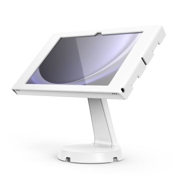 Seitenansicht des Compulocks Mast Apex Tischständers für das Samsung Galaxy Tab A11+, mit angewinkeltem Tablet.