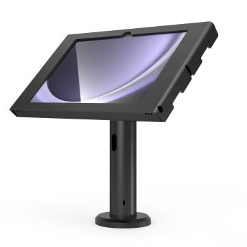 Seitenansicht der Compulocks Rise Tischhalterung für Samsung Galaxy Tab A9+, mit angewinkeltem Tablet.