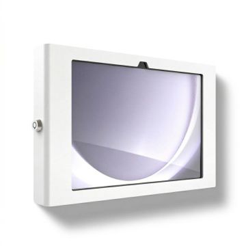Seitenansicht der Compulocks Apex-Wandhalterung für Samsung Galaxy Tab A11+ mit klarem Fenster und Schlossdetail.