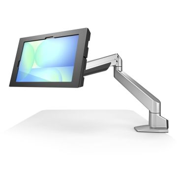 Seitenansicht der Compulocks Reach Apex Tischhalterung mit einem Samsung Galaxy Tab S11 Ultra, montiert und im Einsatz.