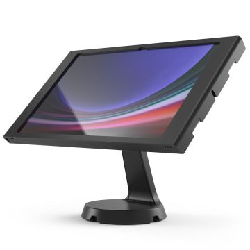 Seitenansicht des Compulocks Mast Apex Tischständers für Samsung Galaxy Tab S10 Ultra in Schwarz, mit Neigungswinkel für optimale Sicht.