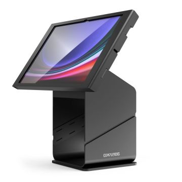 Seitenansicht des Compulocks Tablet-Druckerkiosks mit einem Samsung Galaxy Tab S11 Ultra im Hochformat.