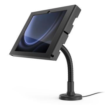Seitenansicht der Compulocks Flex Apex Tischhalterung für Samsung Galaxy Tab S9, mit flexiblem Arm und schwarzem Design.