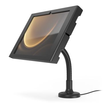 Seitenansicht der schwarzen Compulocks Flex Apex Tischhalterung mit flexiblem Arm für Samsung Galaxy Tab S10 FE+.