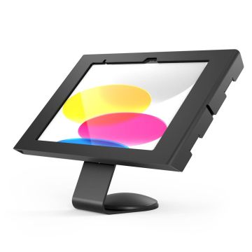 Seitenansicht der Compulocks Core Apex Tischhalterung für iPad 11 Zoll, schwarz, mit abgewinkeltem Tablet.