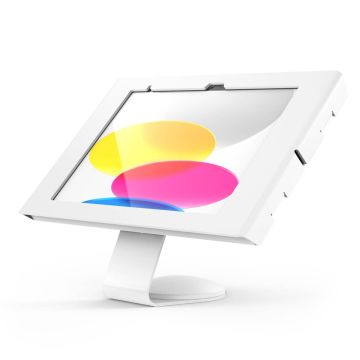Seitenansicht des Compulocks Core Apex Tischhalters für iPad, mit klarem Bildschirmdisplay und stabiler Basis.