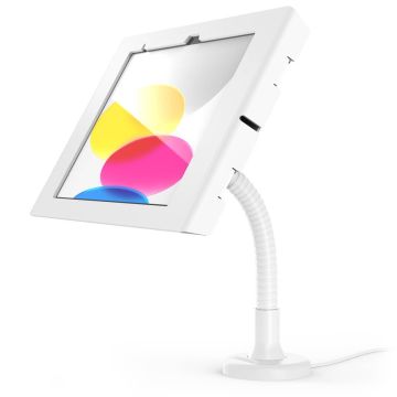 Seitenansicht des Compulocks Flex Apex Tischhalters für iPad, mit flexiblem Arm und klarem Display.