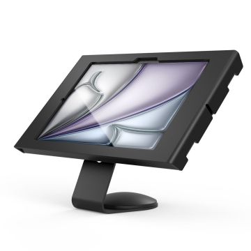 Eckansicht des Compulocks Core Apex Tischhalters für iPad Air 11 Zoll, schwarz, mit moderner und stabiler Basis.