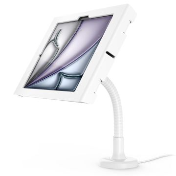 Seitenansicht der Compulocks Flex Apex Tischhalterung mit einem iPad Air 11 Zoll, im Einsatz mit flexiblem Arm.