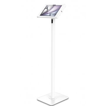 Seitenansicht des Compulocks Swift Apex Bodenständers für iPad Air 11 Zoll, mit einem eleganten weißen Design und einer stabilen Basis.