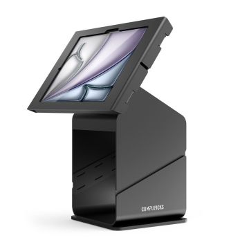 Seitenansicht des Compulocks Tablet Printer Kiosk mit einem iPad Air 11 Zoll in aufrechter Position.