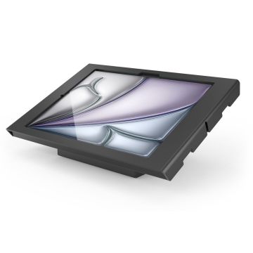 Nahaufnahme des Compulocks AV Capsule Apex Tischständers für iPad Air, mit Schwerpunkt auf seinem eleganten Design und seiner Verarbeitung.