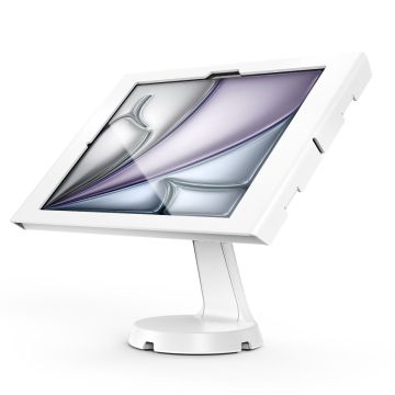 Seitenansicht des Compulocks Mast Apex Tischständers für iPad Air, mit einem modernen, weißen Finish und einer stabilen Basis.
