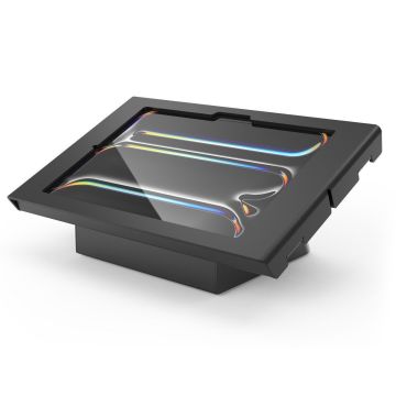Detailansicht des Compulocks AV Capsule Apex Tischständers für iPad Pro 11 Zoll, mit glänzender Oberfläche und farbigen Akzenten.