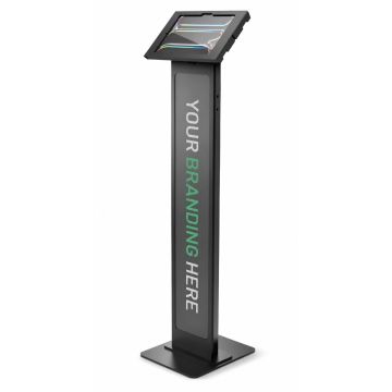 Seitenansicht des Compulocks BrandMe Apex Bodenständers für iPad Pro 11 Zoll, schwarz mit Branding-Option.