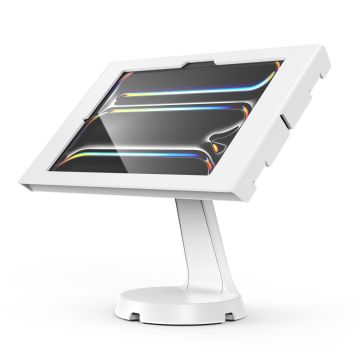 Seitenansicht des Compulocks Mast Apex Tischständers für iPad Pro 11 Zoll, mit einem modernen, weißen Finish und einer stabilen Basis.