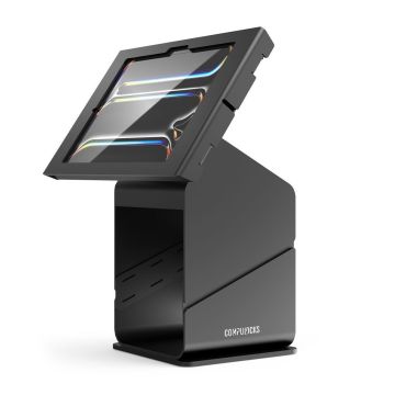 Seitenansicht des Compulocks Tablet Printer Kiosk mit einem iPad Pro 11 Zoll, mit offenem Design für einfachen Zugriff.
