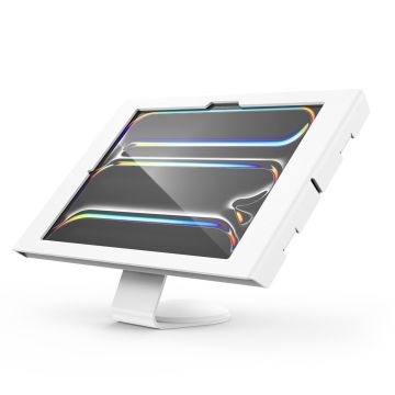 Seitenansicht des Compulocks Core Apex Tischhalters für iPad Pro 13 Zoll, mit einem modernen weißen Finish.