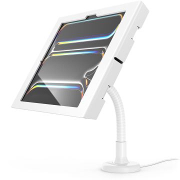 Seitenansicht des Compulocks Flex Apex Tischhalters für iPad Pro 13 Zoll, mit flexiblem Arm und weißem Design.