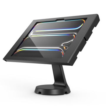 Seitenansicht des Compulocks Mast Apex Tischständers für iPad Pro 13 Zoll, mit einem modernen schwarzen Finish und einer verstellbaren Halterung.