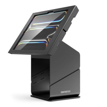 Seitenansicht des Compulocks Tablet-Druckerkiosks mit einem iPad Pro 13 Zoll im Einsatz, im modernen schwarzen Design.