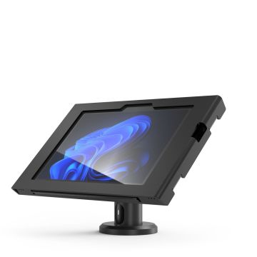Seitenansicht der Compulocks Rise Tischhalterung mit Microsoft Surface Go 4 im Einsatz mit einem Tablet.