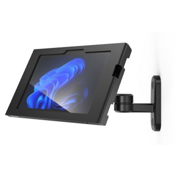 Seitenansicht der Compulocks Swing Apex Wandhalterung für Microsoft Surface Go 4, montiert an der Wand mit einem Tablet in Eckposition.