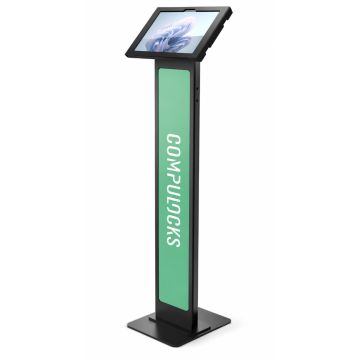 Seitenansicht des Compulocks BrandMe Apex Bodenständers für Microsoft Surface Pro 11 mit schwarzem Design.