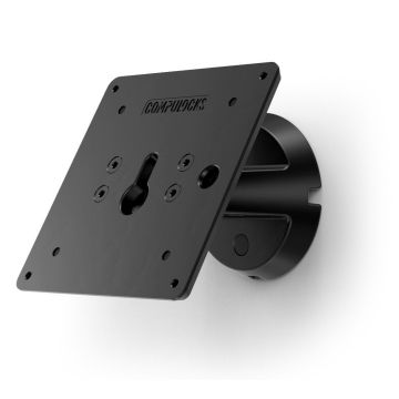 Seitenansicht der Compulocks Bow VESA-Wandhalterung in Schwarz, mit sichtbaren Befestigungslöchern und einer stabilen Befestigung.