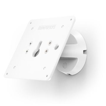 Seitenansicht der Compulocks Bow VESA-Wandhalterung in Weiß, mit sichtbaren Befestigungslöchern und Kabelmanagementfunktion.