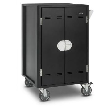 Seitenansicht des AVer C20i AC Laptop-Ladewagens mit geschlossenen Türen und sichtbaren Rädern für Mobilität.