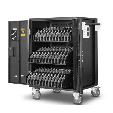 Offener AVer C36i+ AC Laptop-Ladewagen mit sichtbaren Ladefächern für 36 Geräte bis 15 Zoll.