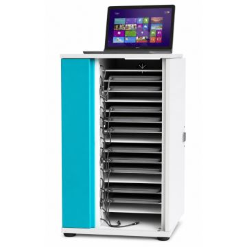 Offener Zioxi onView2 Laptop-Ladeschrank mit sichtbaren Ladefächern und Kabelmanagement, Laptop oben.