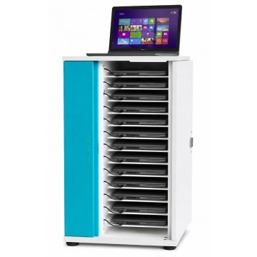 Offener Zioxi onView2 Laptop-Ladeschrank mit sichtbaren Fächern für 16 Laptops und einem Laptop oben.